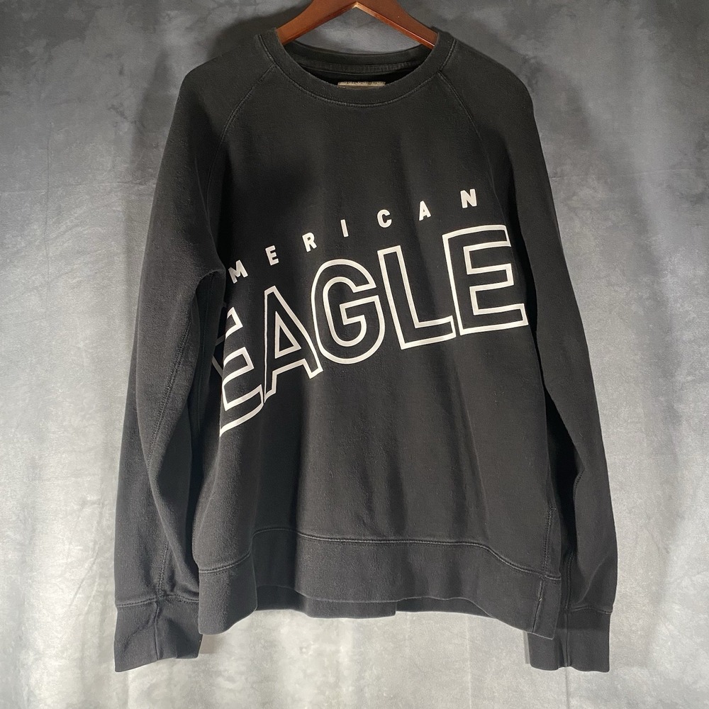 American Eagle Crew‎ Neck Sweatshirt Black Sweater Retro Spell Out Size L